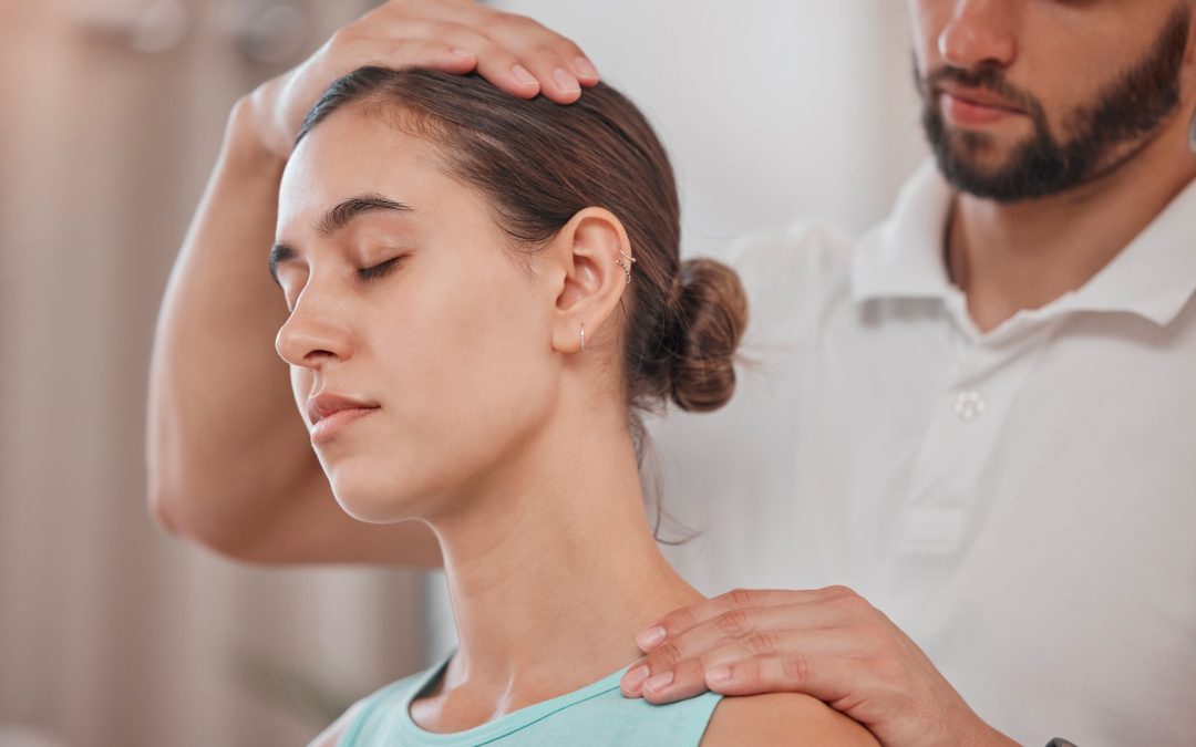 Woman, neck pain or physiotherapy stretching in sports clinic for pain relief, muscle stress manage
