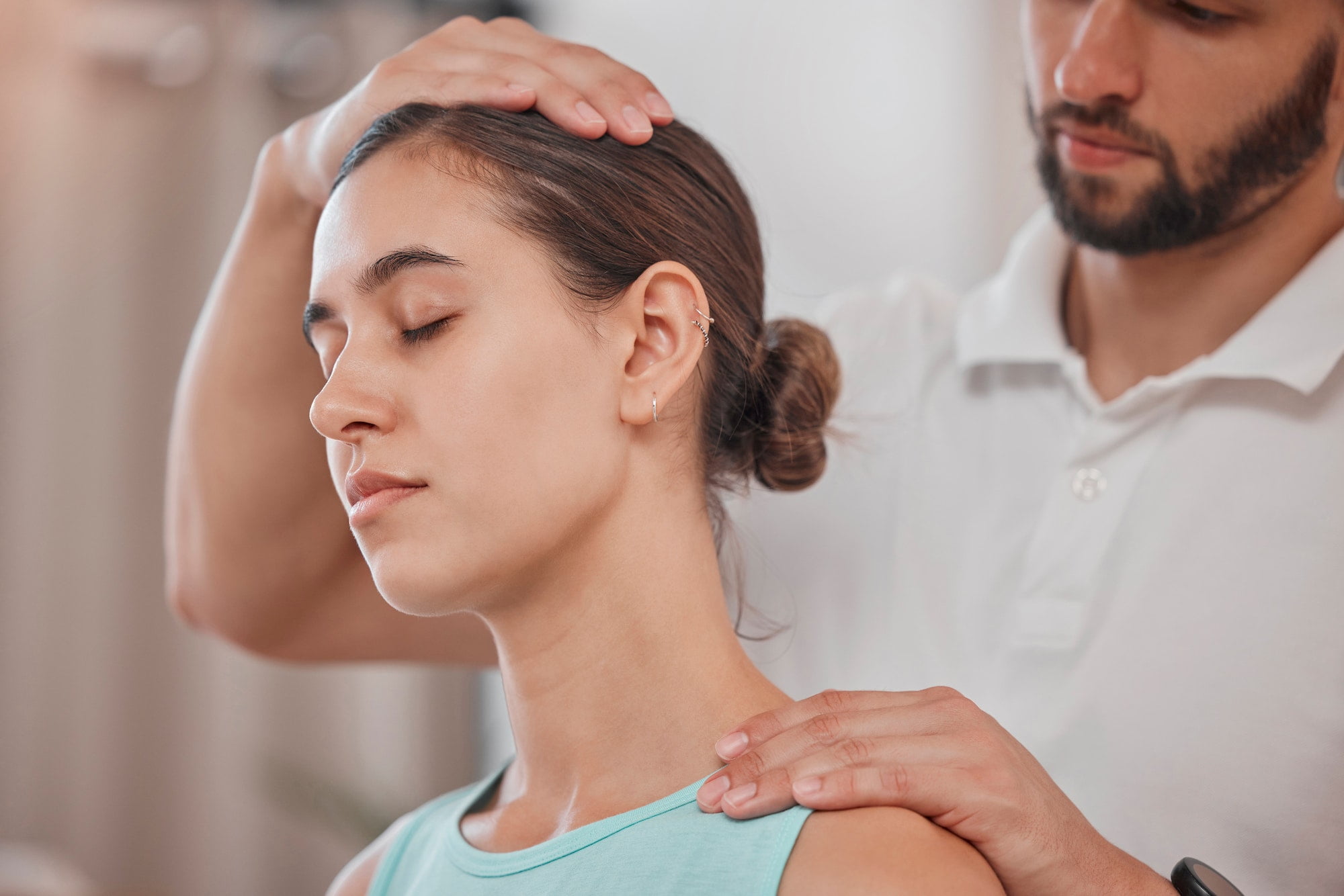 Woman, neck pain or physiotherapy stretching in sports clinic for pain relief, muscle stress manage